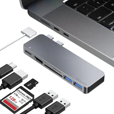 Produktbild von iMounts MacBook Air USB-C Hub - HDMI, USB3.0, SD-Leser, M2/M3 - Laden und Datenübertragung - Space Grau/Space Gray