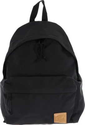 A black backpack is shown against a white background.