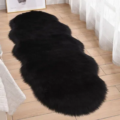 Obrázek produktu pro Umělá kožešinová podlaha, imitace ovčí kůže, plyšová, černá, 60x180 cm, měkká podlaha, imitace kožešiny, omyvatelná, vhodná do obývacího pokoje, pod postel, do ložnice