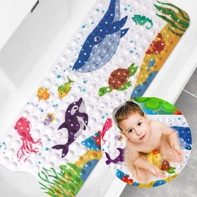 Produktbild von Rutschfeste Badematte, 100 x 40 cm, rutschfeste Badematte, mit 200 Saugnäpfen, PVC-Material, Duschmatte mit Cartoon-Meerestieren für Kinder und Babys