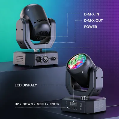 Zdjęcie produktu dla Mini reflektor sceniczny typu "moving head" z wiązką światła - oświetlenie sceniczne DMX - 30 W - zestaw 2 sztuk - diody LED wielokolorowe - efekt "magic ball" - zasilanie 220 V, wtyczka EU