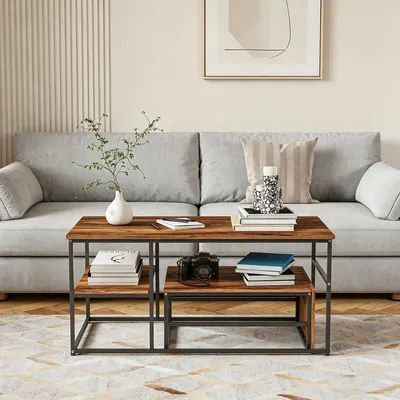 Immagine prodotto di INONEFT, set da 2 tavolini da caffè, design moderno, tavolini impilabili, tavolini ausiliari con spazio contenitivo, colore nero