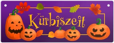 Produktbild von Kürbiszeit Metallschild L in 10,5x28cm mit lustigen Kürbisgesichtern