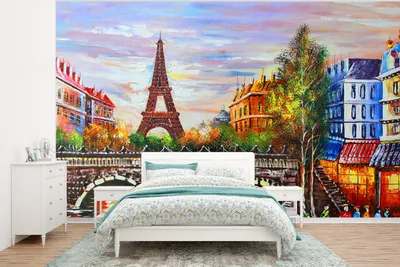 Produktbild von MuchoWow® Fototapete für Wohnzimmer oder Schlafzimmer Wandtapete Vinyl Motivtapete Gemälde - Öl - Eiffelturm - Paris - Wasser - 400x300 cm - Papiertapeten