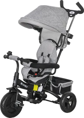 Produktbild von 6-in-1 Kinderdreirad mit Schiebestange, Dach, Gurt, Ablagekorb, für 1-5 Jahre, Grau