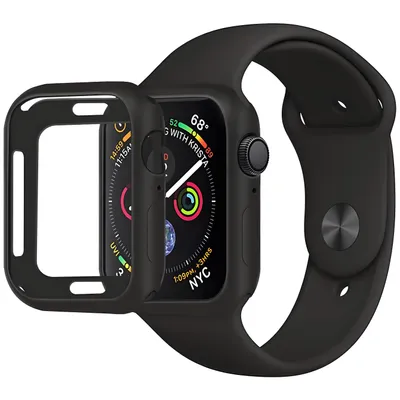 A black Apple Watch with a protective case is shown against a white background.