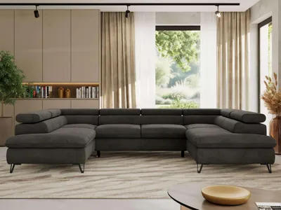 Produktbild von Ecksofa mit Schlaffunktion, Bettkasten, U-form, einstellbare Kopfstützen, Wohnzimmersofa - PABLO U - Velvet - Dunkelgrau