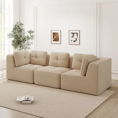 Produktbild von Cordstoff-Dreisitzer-Ecksofa, rahmenlos, modulares Sofa, Tiefensitz, 297 x 104 x 69 cm, Beige