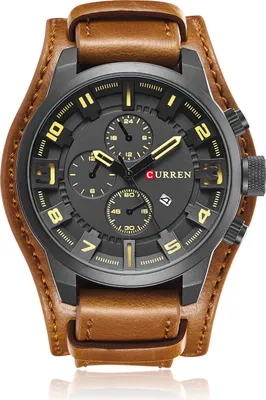 A close-up studio shot of a men's wristwatch with a brown leather band.
