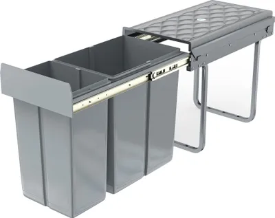 A grey pull-out kitchen bin system with two compartments, shown extended from a cabinet.