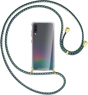 Produktbild von Handykette Backcover-Schutzhülle mit Band (Metall goldfarben) für Samsung Galaxy A70 - grün/blau/weiß