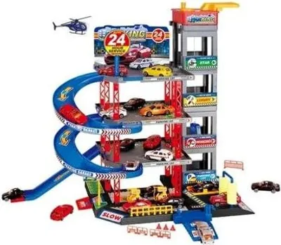 A toy multi-level parking garage with cars and a helicopter.