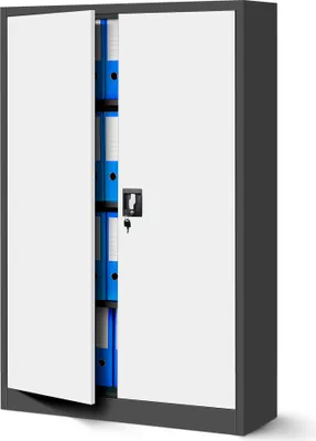 A metal filing cabinet with its doors open, revealing blue folders inside.