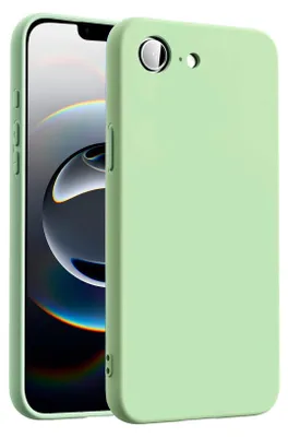 A light green silicone phone case is shown next to an iPhone.