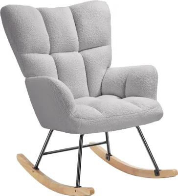 A light gray rocking chair with a textured fabric and wooden rockers, isolated on a white background.