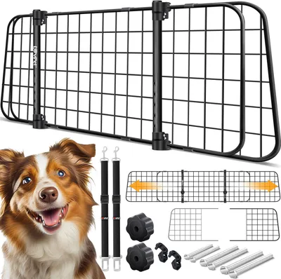 Produktbild von LovPet® Hundegitter Auto, Autoschutzgitter Trenngitter Universal, verstellbare Breite, Kopfstütze Kofferraum Autogitter Maße HxB 30 x 91-153 cm Kofferraumgitter,+ 2x Sicherheitsgurt für Hunde