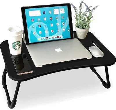Produktbild von Dreibeinige Laptop- und Frühstückstisch für Bett mit multifunktionaler Arbeitsplatte (60x40x26 cm)