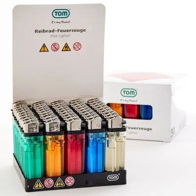 Produktbild von TOM Reibrad Feuerzeuge 2x 50er Display Set 5 Farben Nachfüllbar mit Feuerstein Soft Flame