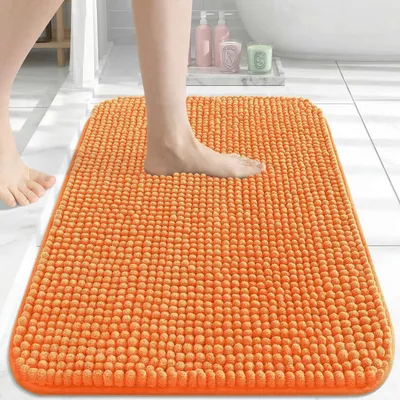 Productafbeelding van Badmat van chenille, extra dik, 41x61 cm, oranje | Zacht, antislip, absorberend, machinewasbaar