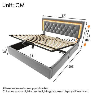 Produktbild von Polsterbett 160 x 200 cm Samt mit LED-Diamantband, USB, Type-C, hydraulischem Bettkasten, Lattenrost, Grau