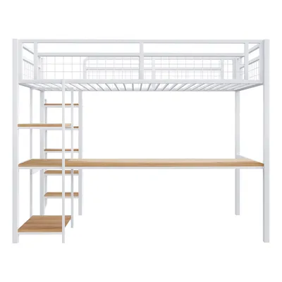 Produktbild von Flieks Etagenbett Metallbett 90x200cm mit Schreibtisch und Regal, Einzelbett Jugendbett mit Leiter, Hochbett Stockbett mit Rausfallschutz, Weiß