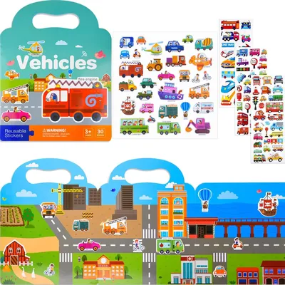 Obrázok produktu pre Stickerbuch wiederverwendbar, 88 wasserfeste Fahrzeug-Sticker, für Kinder