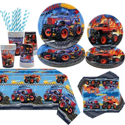 Productafbeelding van Monster Truck verjaardagsdecoratieset, bestaande uit borden, bekers, servetten, 20-delig, voor kinderfeestjes