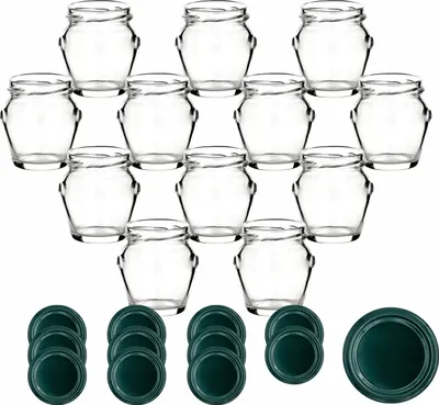 Produktbild von gouveo 12er Set Einmachgläser 106 ml Henkel mit Schraubverschluss grün - Kleines Vorratsglas mit Deckel für Marmelade und Selbstgemachtes