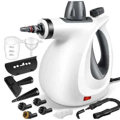 A white handheld steam cleaner with various attachments, a measuring cup, and a funnel, all arranged on a white background.
