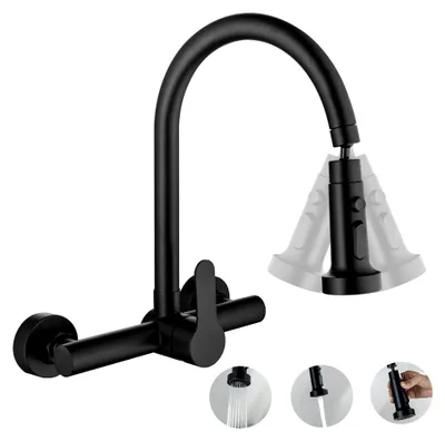 Produktbild von Wandmontierter Wasserhahn für die Küche in Schwarz, 360° drehbarer Auslauf mit 2 Strahlarten, Edelstahl 304