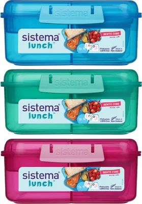 Three Sistema lunch boxes in different colors (blue, green, pink) stacked vertically.