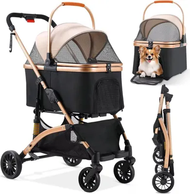 Produktbild von 2-in-1 Hunde-Buggy & Transporttasche – Klappbar – Für Hunde und Katzen bis 40kg – Geländegängig – Braun/Schwarz
