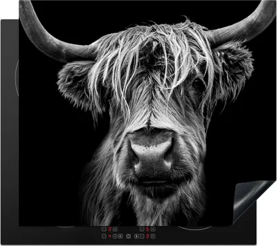 Produktbild von KitchenYeah© Herdabdeckplatte Schottischer Highlander - Hörner - Schwarz - Weiß - Kuh - Wild - Tiere , 57x51cm, Küche Deko, Glaskeramikkochfeld Herdabdeckung, Abdeckplatte fùr Kochfeld