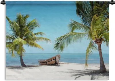 Produktbild von MuchoWow® Wandteppich Wandbehang Palme - Boot - Strand 150x112.50 cm Tapisserie Dekoration Wandtuch - Wanddecke - Wandteppiche