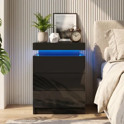 Produktbild von TUKAILAI Nachttisch mit LED Beleuchtung Hochglanz Schwarz, mit 3 Schubladen