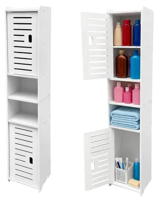 Produktbild von Weißer Badezimmerschrank mit offenen Fächern und Tür, schmaler Hochschrank für Badezimmer, Wohnzimmer und Küche (20x18x97cm)