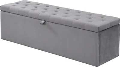 A gray storage ottoman bench is shown against a white background.