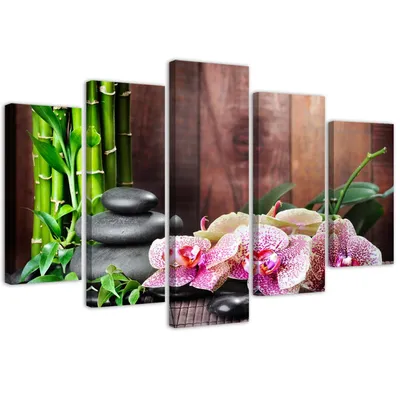 Produktbild von 5-teiliges leinwandbild zen-komposition mit orchidee und bambus 200x100 cm Feeby braun wandbild bereit zum aufhängen