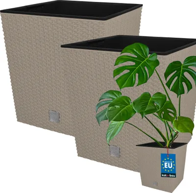 Image de KOTARBAU® Set de 2 pots de fleurs 64 L Mocca Hauteur : 40 cm Pot de plantes en plastique Cache-pot avec pot intérieur Set de pots de fleurs comme le rotin Pot de plantes intérieur extérieur
