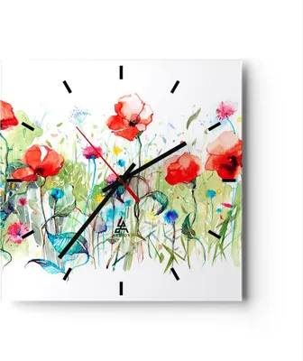 Produktbild von Wanduhr - Quadrat - Glasuhr - Blumen Wiese Blatt Natur - 30x30cm - Schleichendes Uhrwerk - Lautlos - zum Aufhängen bereit - Dekoration Modern - Wanddekoration aus Glas - C3AC30x30-3076