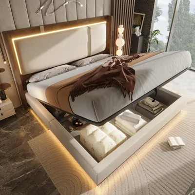 Produktbild von okwish Polsterbett 180×200 mit Matratz und Bettkasten, Jugendbett mit LED und Lattenrost,Hydraulik, Doppelbett in Beige