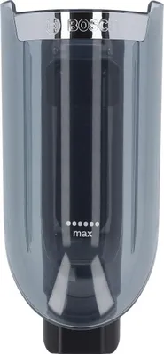 A close-up studio shot of a gray and black Bosch dust container.