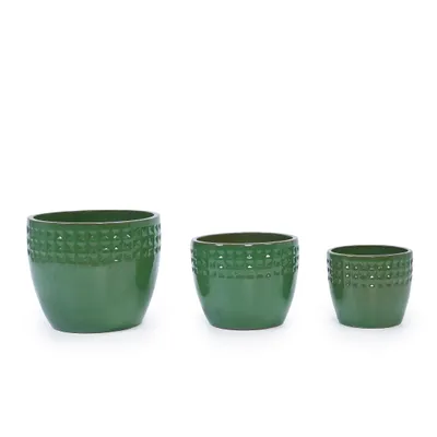 Image de Lot de 3 pots de fleurs en céramique faits main (Ø 38,1/30,5/22,9 cm), motif losange vert, idéal pour les orchidées et les plantes succulentes, pour l'intérieur et l'extérieur