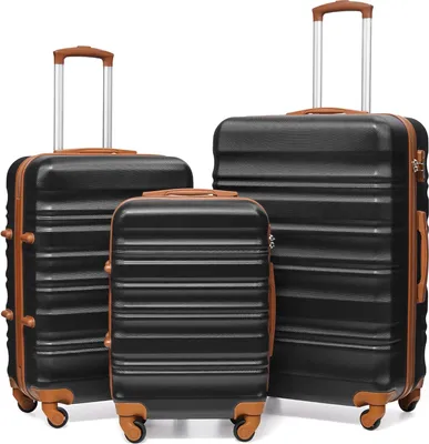 Produktbild von Hartschalen-Koffer Trolley Rollkoffer Reisekoffer mit TSA-Schloss und 4 Rollen (Schwarz/Braun, Koffer-Set