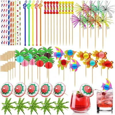 Produktbild von Cocktail Zubehör 179 Stück Cocktail Deko Set Party Schirmchen Strohhalme Rührer Sticks Feuerwerk Hochzeit Sommer Getränke