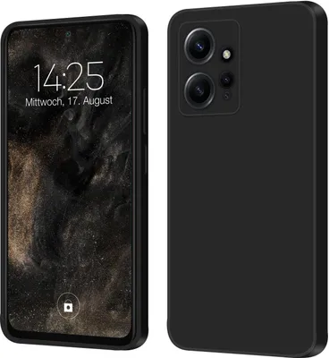 A black phone case is shown from the front and back.
