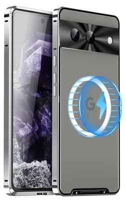A silver metallic phone case with a magnetic charging indicator is shown.