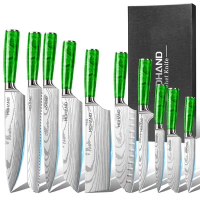 Image de Ensemble de couteaux de cuisine, 10 pièces, acier inoxydable, manche ergonomique, couleur verte