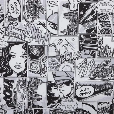 Canvas-Stoff 100x280 cm, Comic-Muster, Weiß/Schwarz, 1 Meter