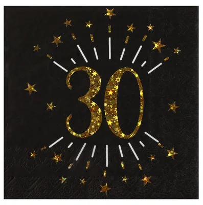 Produktbild von 10 Papierservietten Alles Gute zum 30. Geburtstag Schwarz + Gold mit Sternen -